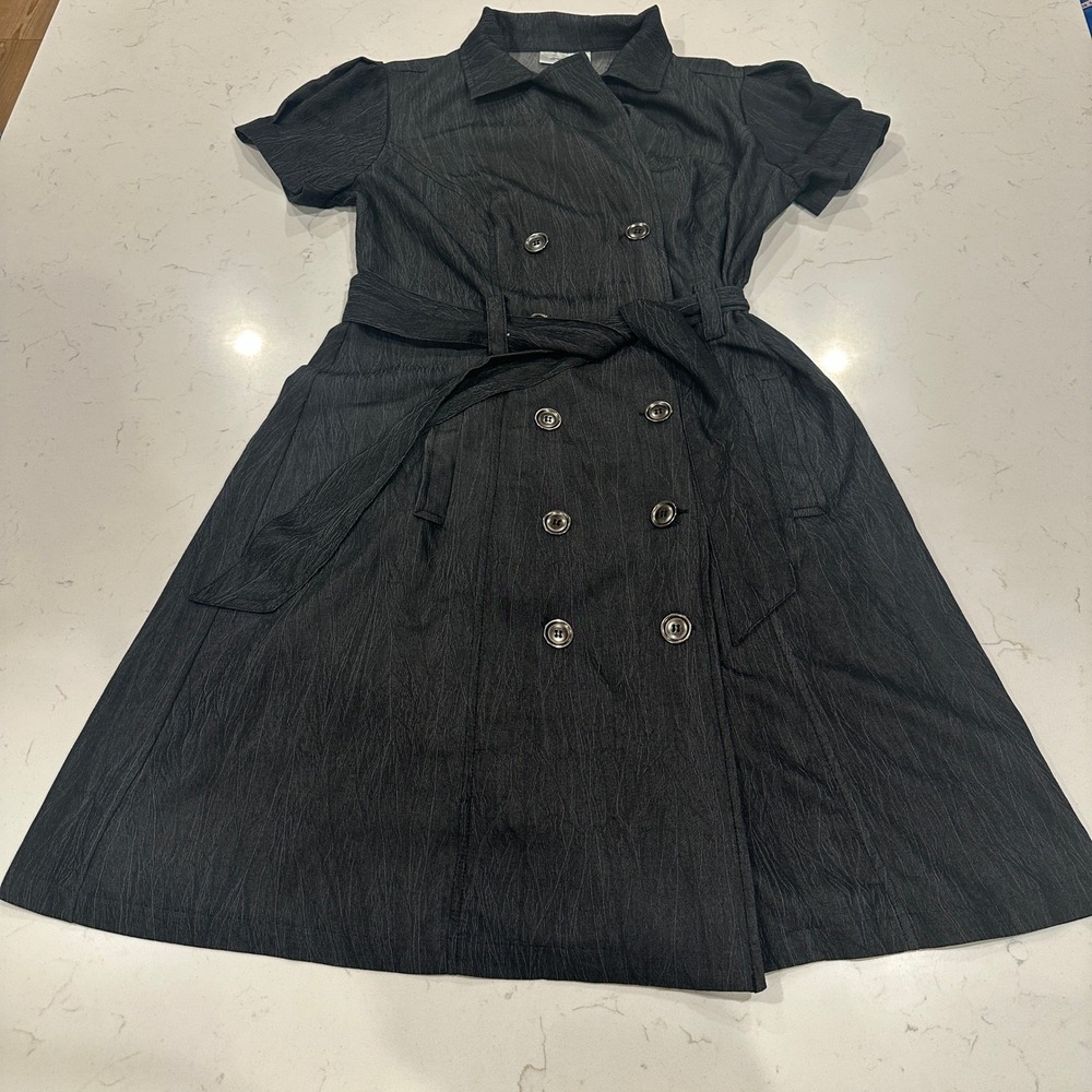 Dressbarn Womens Grey Double Breasted Trench Dress Short Sleeve Belted Size 6